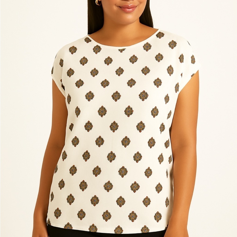 Ann Taylor White and Red Patterned Cap Sleeve Top.  Size-Small